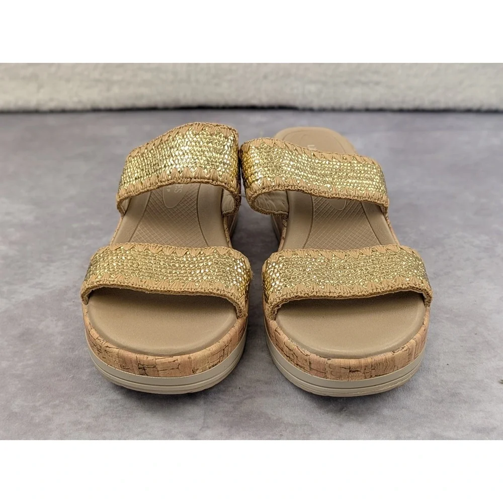 LifeStride BZees Air Step Resort Gold Metallic Cork Wedge Sandals Womens 9M
